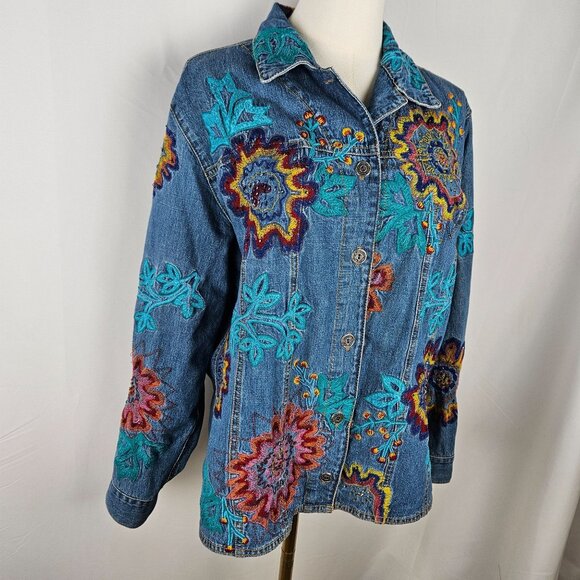 Chicos Design Embroidered Denim Jacket Size Medium 1 Boho Floral Artsy Blue - Picture 4 of 11